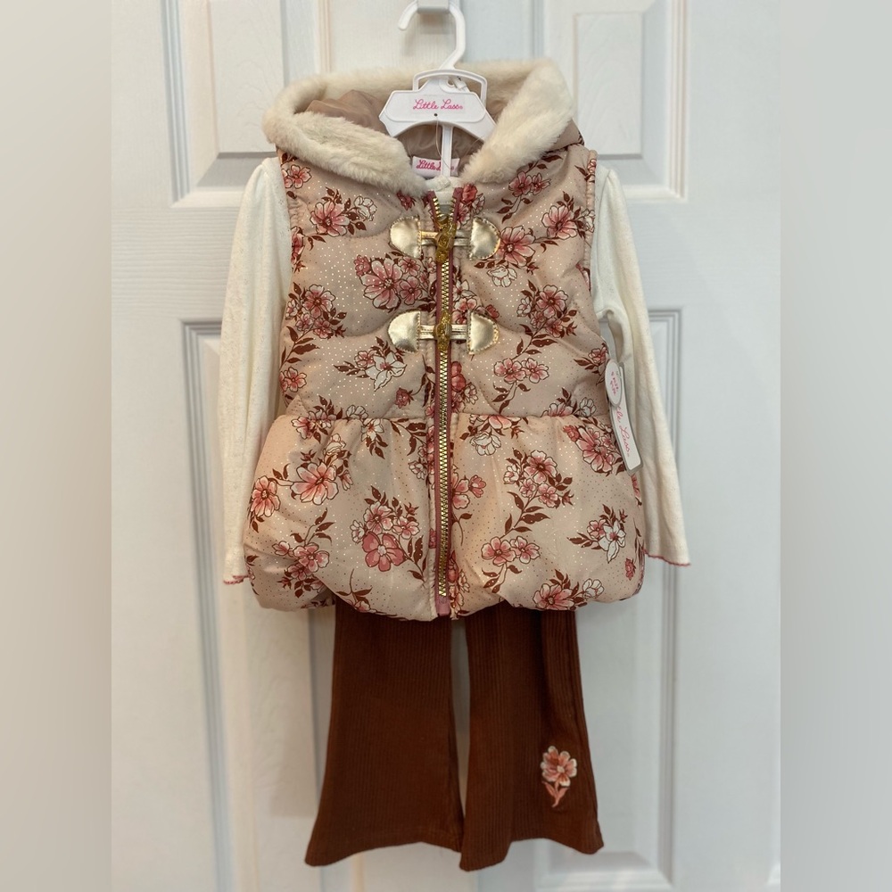 3pc Outfit -puffy floral vest with Faux Fur Trim/ shirt/ pants- toddler size 3T
